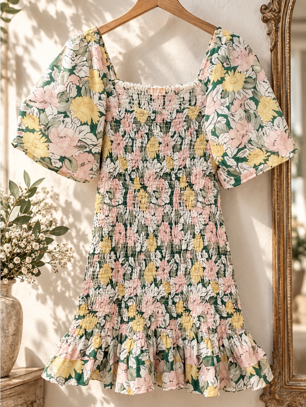 ByTimo Smocked Puff-Sleeve floral ruffle Mini Dress - Green , pink & Yellow